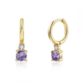 S925 silver needle hoop earrings with gold plating and round purple zircon pendants - Purple Zirconia