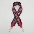 Detail of adjustable thick canvas strap with ethnic embroidery and gold metal clips - Silver Hook / Rose Red + Rose Red Leather