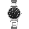 Detailed shot of silver quartz watch with black dial and white Roman numerals - Female Style / Women's Black Dial
