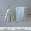 Molde de silicona para velas de fantasma con fantasma de cera blanca y medidas de uso - Molde Fantasma J-0743