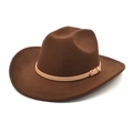 Detail of dark brown felt cowboy hat with thin leather strap and gold buckle accent - M (56-58cm) / Coffee
