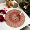 Round jute Christmas placemat with snowflake pattern and festive tree ornaments - Style 5 Red