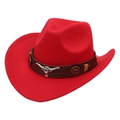 Detail of red felt cowboy hat with silver bull head emblem and brown leather strap - Red