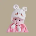 Cute cream white plush baby winter hat with long rabbit ears and embroidered cartoon face - 2 Months-2 Years / Shy Bear White