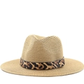 Klassieke strooien fedora hoed met luipaardprint band en metalen stud voor zonbescherming - M (56-58cm) / Khaki