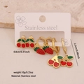 3-pair set of red cherry and strawberry stainless steel stud earrings on display card - Style 4 (Dangle Earring Set)