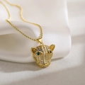 18K gold plated leopard head pendant necklace with zircon and green gemstone eyes - Gold Clear Zirconia (23988)