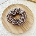 Classic brown and white checkered cotton scrunchie with pleated vintage design - Deep Brown Plaid