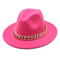 Detail of rose pink wool jazz fedora hat featuring a chunky gold chain decoration - Single Rose Red Hat