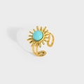 Vintage sun shaped ring with turquoise stone and gold adjustable double band - Sky Blue (YYR023124-BI)