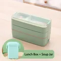 Three-layer mint green wheat straw lunch box 900ml set with soup cup and cutlery - 900ml Wheat Straw 3-Layer Lunch Box + Square Buckle Cup (Green Set)