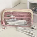Detailweergave van de roze etui met transparant venster en dubbele rits voor schrijfwaren - Roze & Beige