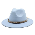 Detail of light blue fedora hat featuring brown braided rope and gold beaded chain - Sky Blue