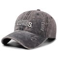 Distressed dark gray baseball cap with washed denim texture and white letter embroidery - Adjustable / Gray