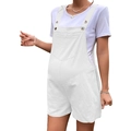 Detail view of white maternity overall shorts showing breathable fabric and adjustable waist - White