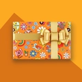 Orange gift box with retro pop art patterns, gold satin ribbon, and a layered bow - Rainbow Sunflower / 50x70cm