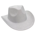 Detailed view of silver glitter western cowboy hat with sparkling sequin finish and wide brim - White