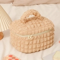 Beige waffle texture makeup bag with top handle and dual zippers for storage - Khaki Large 24*17*15cm