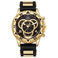 Luxuriöse Herren-Quarzuhr mit goldfarbener Lünette und schwarzem Silikonarmband - Schwarzes Zifferblatt Goldenes Gehäuse Schwarzes Armband