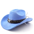 Dettaglio cappello cowboy in camoscio blu con fascia in pelle marrone e stemma di toro - M (56-58cm) / Blu cielo profondo