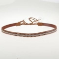 Brown braided belt with gold studs and sparkling rhinestones on a white background - 56-58cm / Brown Slim Rivet Belt with Center Rhinestone Decoration (AB66)