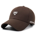 Dark brown canvas baseball cap with white geometric embroidery and side lettering - Adjustable / Coffee