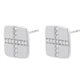 Macro detail of silver square stud earrings featuring white cubic zirconia cross inlay - Square Cross Style (White Gold Color)