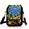 Ethnic black canvas crossbody bag with blue peony embroidery and butterfly pattern - Blue Peony