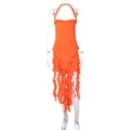 Detail of orange halter dress showing layered ruffle trim and asymmetric hemline - S / Orange