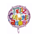 Pink round foil balloon with stars and colorful Feliz Cumpleaños Spanish birthday text - Pink Background Spanish Birthday Round Balloon