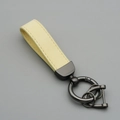 Beige suede leather car keychain with dark grey metal D-ring and dual key ring loops - Beige/Gun Grey