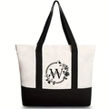 Canvas tote bag with black and white contrast design and floral letter W print - Willow Floral Letter W / 46*12*31CM