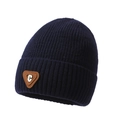 Dark blue ribbed knit beanie featuring a brown leather patch with white letter C detail - One Size / Navy Blue