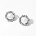 Elegant 316L stainless steel stud earrings with white pearls and twisted metal trim - Silver Rope Twist Pearl Earrings D2863