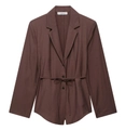 Detail of chocolate brown blazer lapel and tied waist belt on high-quality woven fabric - XS / Blazer Top / Chocolate Brown