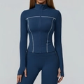 Slim fit navy blue yoga jacket with white contrast stitching and thumb holes - S / Dark Blue