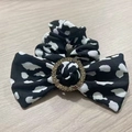 Zebra print bow hair scrunchie with round rhinestone buckle on wooden background - Black and White Leopard Print