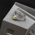 Silver dragon tail ring with opal stone and feather texture in adjustable design - Feather Texture Opal Gem Style (J4376)