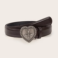 Cintura vintage in pelle con fibbia in metallo a cuore e dettagli floreali sbalzati - Larghezza 2.8cm / caffè