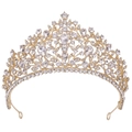 Close-up of golden bridal crown with intricate hollow vine patterns and teardrop rhinestones - Gold White Rhinestone