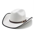 Detail of white wool felt cowboy hat with dark brown braided leather band and metal buckle - M (56-58cm) / White with Black Binding