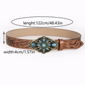 Detail of bohemian brown embossed belt with turquoise gemstone buckle and dimensions - Hollow Floral Turquoise Style (1#)