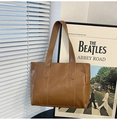 Minimalist brown PU leather tote bag with vertical straps and reinforced handles - Khaki