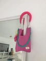Handmade knitted shoulder bag in rose pink with a contrasting blue plastic chain strap - Cranberry + Shoulder Strap Set