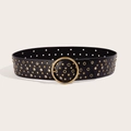 Cintura vintage in pelle PU con anelli e borchie dorate su sfondo beige - Nero