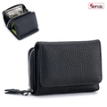Mini portafoglio in pelle RFID da donna con trama litchi nera e tasca con cerniera - Nero