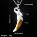 Men's acrylic wolf tooth pendant with silver alloy elephant head and stainless steel chain - Wolf Tooth No.17 + 70cm Steel Chain