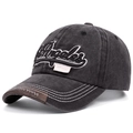 Detail of Los Angeles embroidery on washed grey cotton cap with leather brim edge - Adjustable / Black