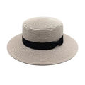 Detail of a beige straw boater hat featuring a wide black ribbon and a delicate bow knot - M (56-58cm) / Light Gray