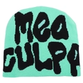 Close-up of mint green knit beanie featuring bold black Mea Culpa jacquard letters - Grass Green Black